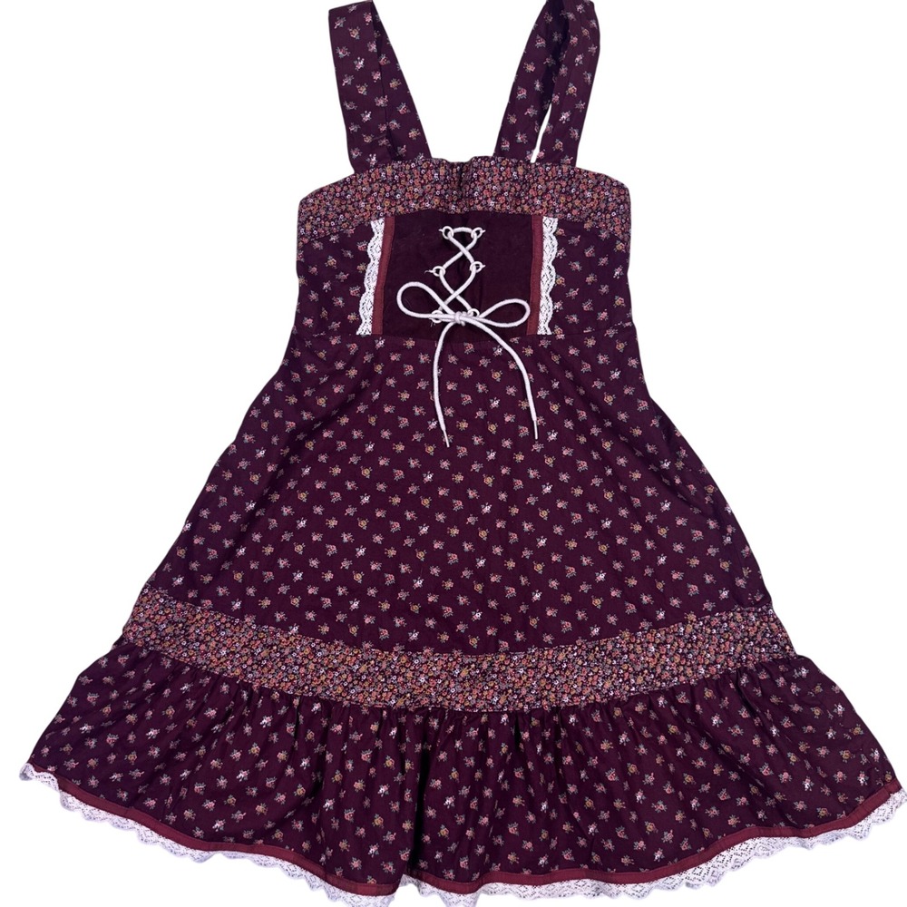 Vtg Sears Roebuck Prairie Dress Girls 12.5 Burgundy Floral Corset Lace Boho Folk